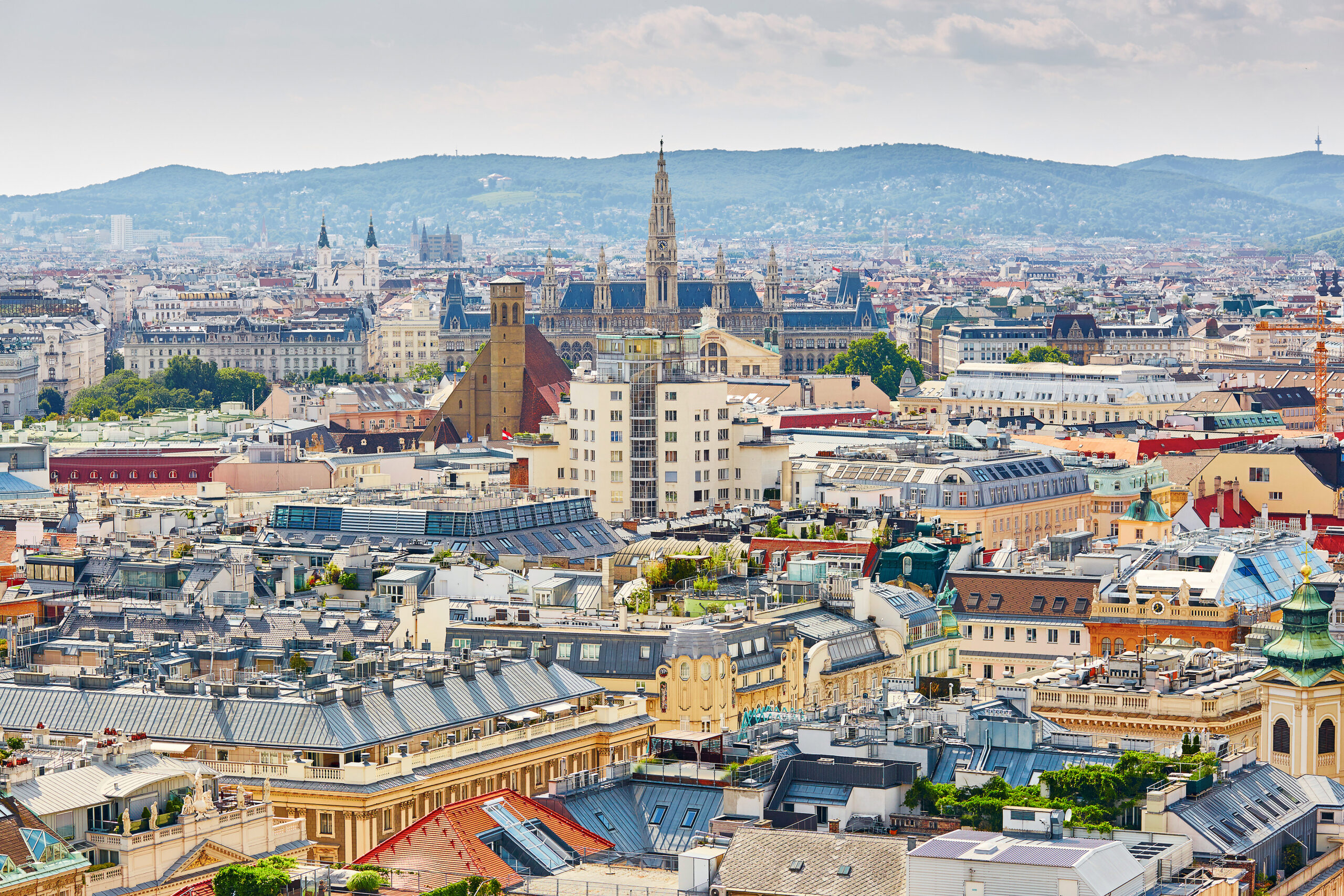 Aerial scenic view of city center of Vienna seen from St. Stephen's Cathedral in Austria